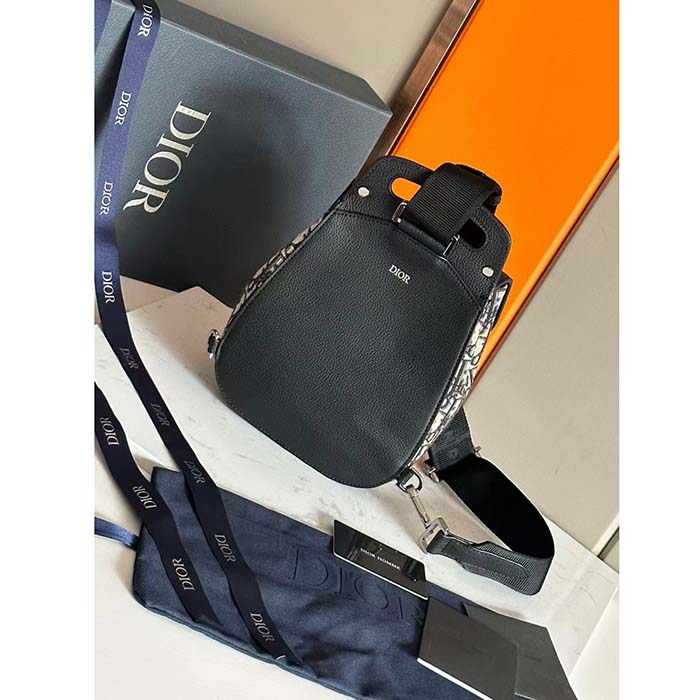 Dior Unisex CD Mini Gallop Sling Bag Beige Black Oblique Jacquard Black Grained Calfskin