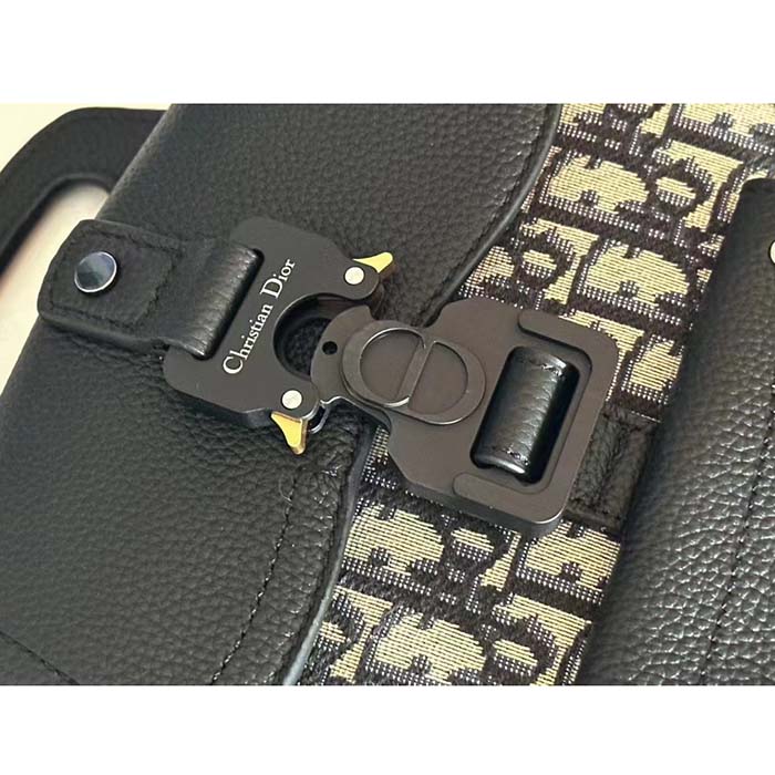 Dior Unisex CD Mini Gallop Sling Bag Beige Black Oblique Jacquard Black Grained Calfskin