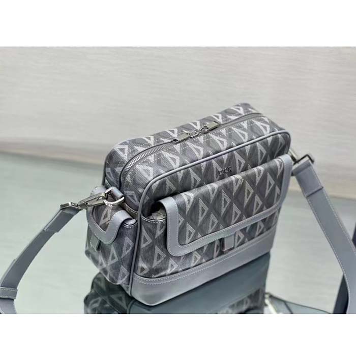 Dior Unisex Hit The Road Bag Messenger Pouch Gray CD Diamond Canvas Smooth Calfskin