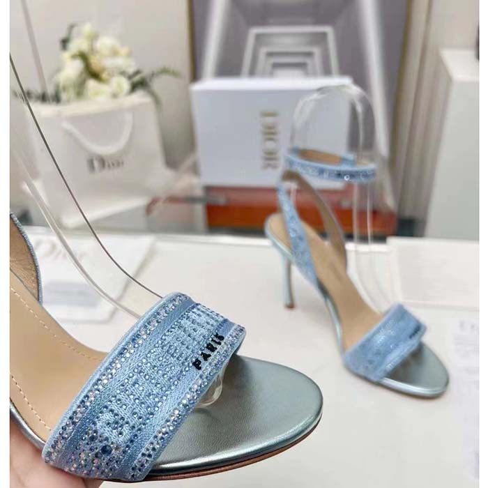 Dior Women CD Dway Heeled Sandal Blue Cotton Embroidered Metallic Thread Strass (1)