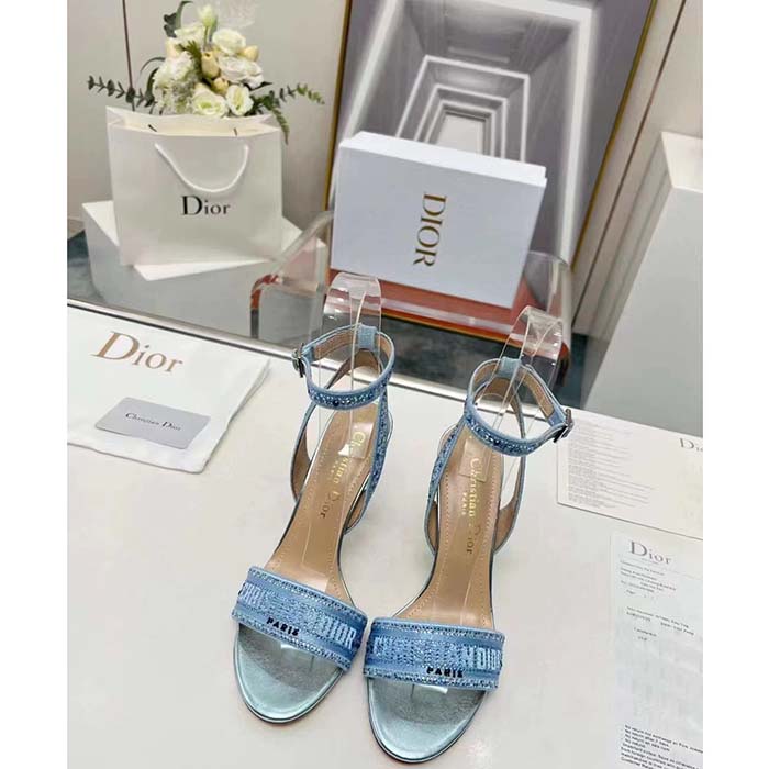 Dior Women CD Dway Heeled Sandal Blue Cotton Embroidered Metallic Thread Strass (3)