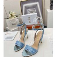Dior Women CD Dway Heeled Sandal Blue Cotton Embroidered Metallic Thread Strass (9)