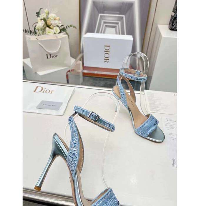 Dior Women CD Dway Heeled Sandal Blue Cotton Embroidered Metallic Thread Strass (6)