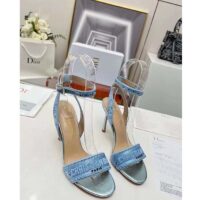 Dior Women CD Dway Heeled Sandal Blue Cotton Embroidered Metallic Thread Strass (9)