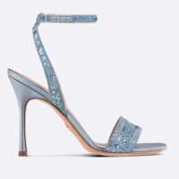 Dior Women CD Dway Heeled Sandal Blue Cotton Embroidered Metallic Thread Strass (9)