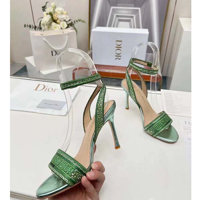 Dior Women CD Dway Heeled Sandal Green Cotton Embroidered Metallic Thread Strass
