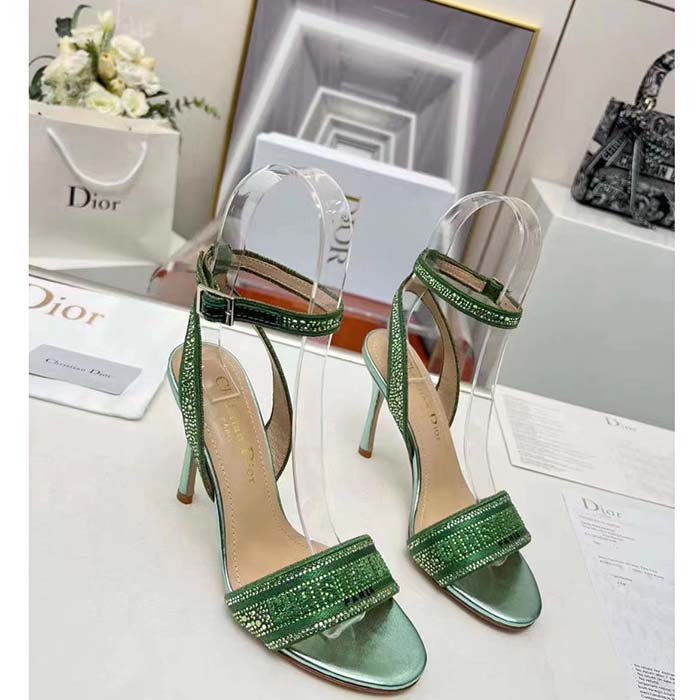 Dior Women CD Dway Heeled Sandal Green Cotton Embroidered Metallic Thread Strass (2)
