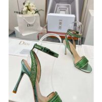 Dior Women CD Dway Heeled Sandal Green Cotton Embroidered Metallic Thread Strass (8)