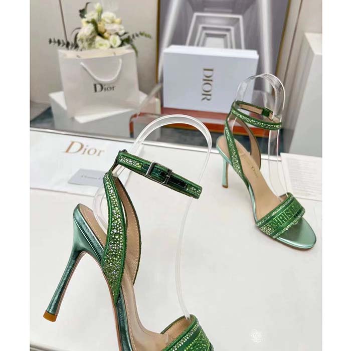 Dior Women CD Dway Heeled Sandal Green Cotton Embroidered Metallic Thread Strass (3)