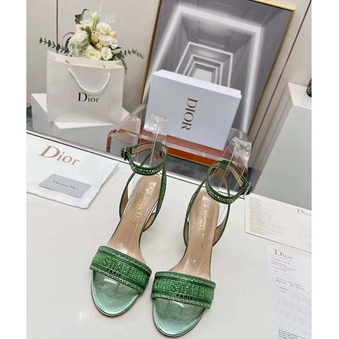 Dior Women CD Dway Heeled Sandal Green Cotton Embroidered Metallic Thread Strass (4)