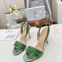 Dior Women CD Dway Heeled Sandal Green Cotton Embroidered Metallic Thread Strass (8)