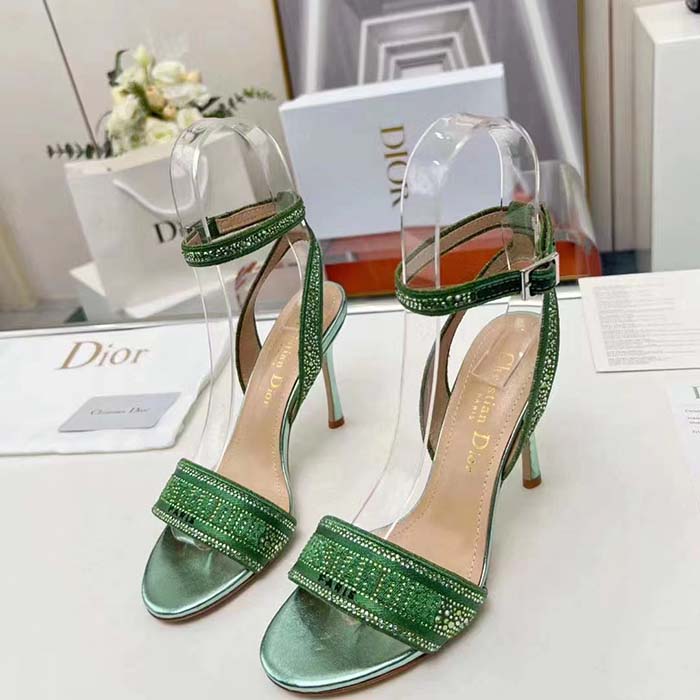 Dior Women CD Dway Heeled Sandal Green Cotton Embroidered Metallic Thread Strass