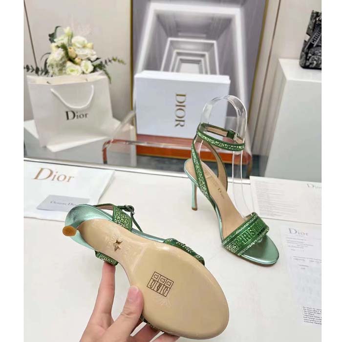 Dior Women CD Dway Heeled Sandal Green Cotton Embroidered Metallic Thread Strass
