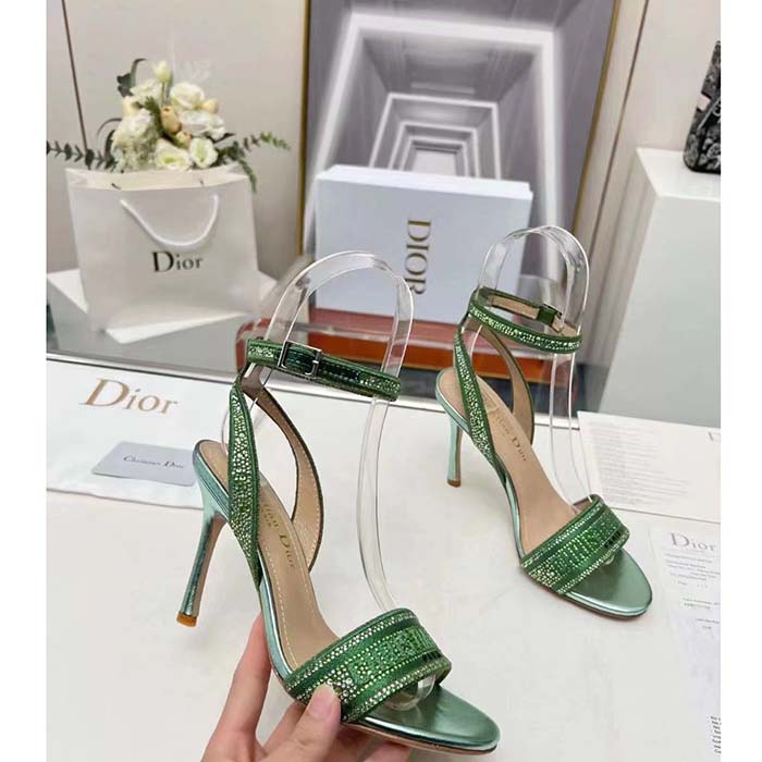 Dior Women CD Dway Heeled Sandal Green Cotton Embroidered Metallic Thread Strass