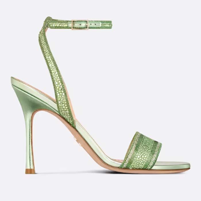 Dior Women CD Dway Heeled Sandal Green Cotton Embroidered Metallic Thread Strass