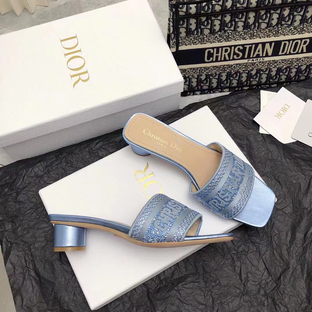 Dior Women CD Dway Heeled Slide Blue Cotton Embroidered Metallic Thread Strass (8)