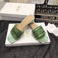 Dior Women CD Dway Heeled Slide Green Cotton Embroidered Metallic Thread Strass (7)