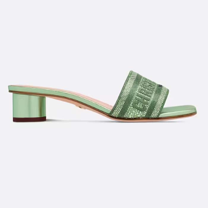 Dior Women CD Dway Heeled Slide Green Cotton Embroidered Metallic Thread Strass