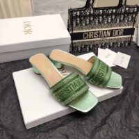 Dior Women CD Dway Heeled Slide Green Cotton Embroidered Metallic Thread Strass (7)