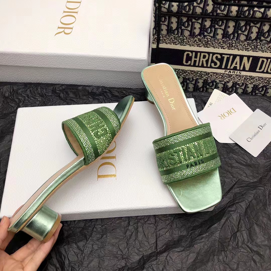 Dior Women CD Dway Heeled Slide Green Cotton Embroidered Metallic Thread Strass (9)