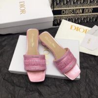 Dior Women CD Dway Heeled Slide Pink Cotton Embroidered Metallic Thread Strass (11)