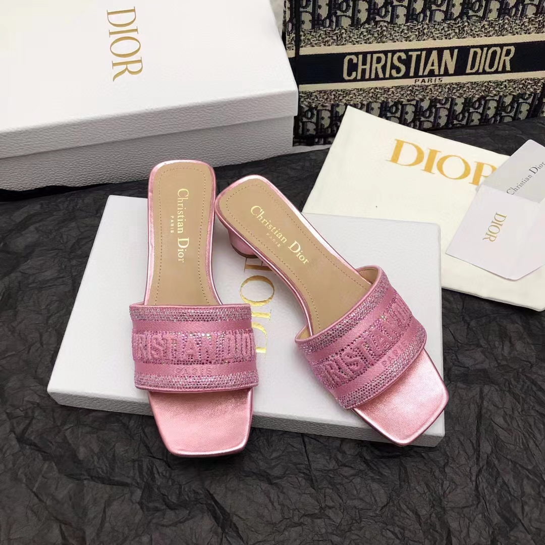 Dior Women CD Dway Heeled Slide Pink Cotton Embroidered Metallic Thread Strass (1)