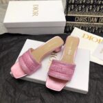 Dior Women CD Dway Heeled Slide Pink Cotton Embroidered Metallic Thread Strass - Bild 5