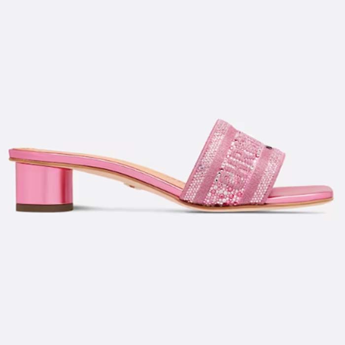 Dior Women CD Dway Heeled Slide Pink Cotton Embroidered Metallic Thread Strass