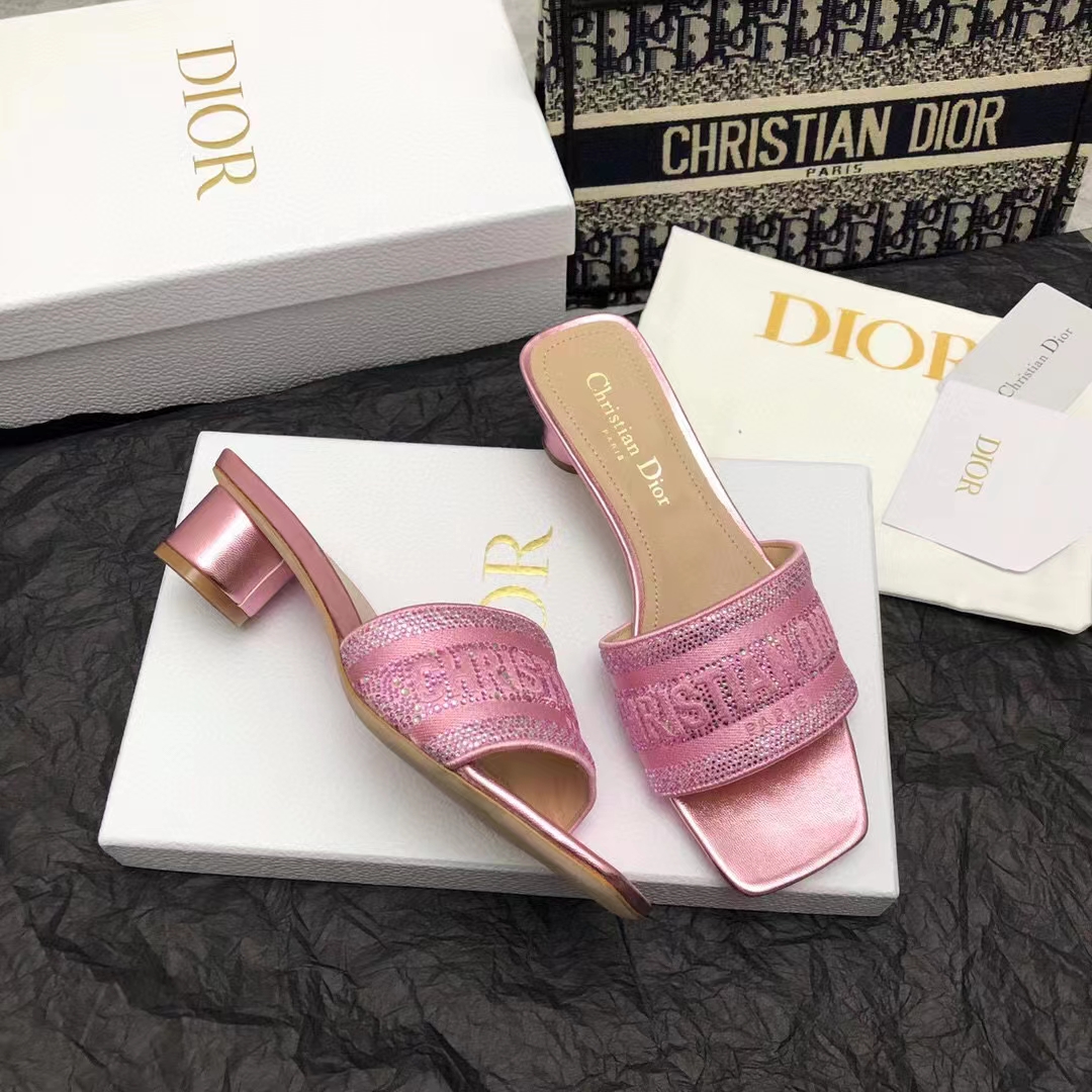 Dior Women CD Dway Heeled Slide Pink Cotton Embroidered Metallic Thread Strass (4)