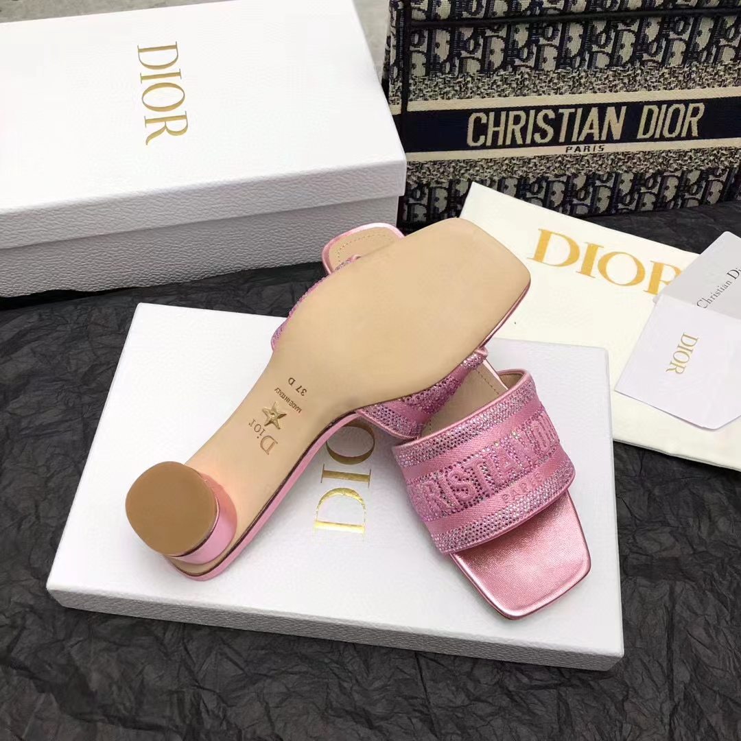 Dior Women CD Dway Heeled Slide Pink Cotton Embroidered Metallic Thread Strass (7)