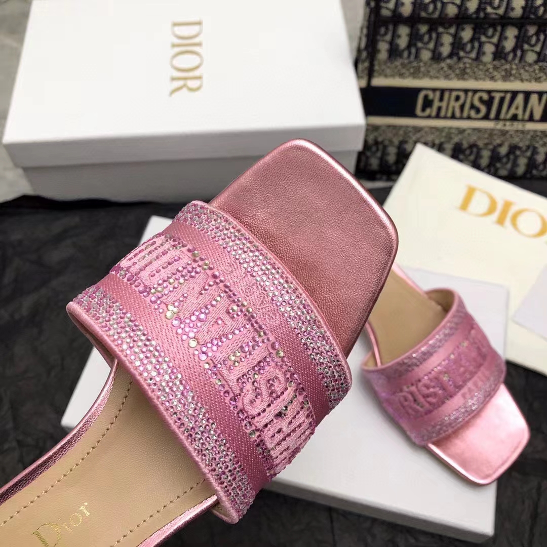 Dior Women CD Dway Heeled Slide Pink Cotton Embroidered Metallic Thread Strass (8)