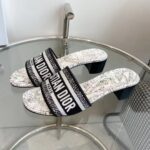 Dior Women CD Dway Heeled Slide White Black Embroidered Cotton Toile De Jouy Voyage - Image 4