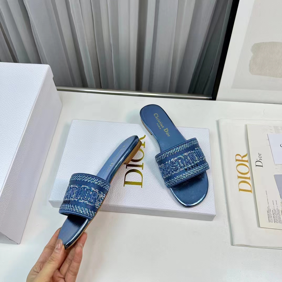 Dior Women CD Dway Slide Blue Cotton Embroidered Metallic Thread Strass (2)