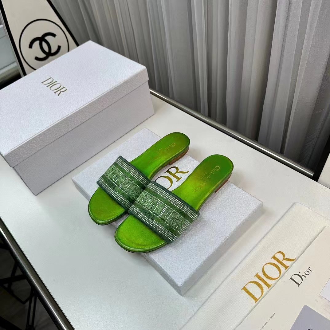 Dior Women CD Dway Slide Green Cotton Embroidered Metallic Thread Strass