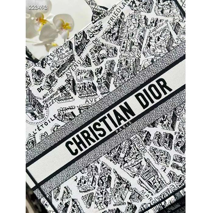 Dior Women CD Large Dior Book Tote White Black Plan De Paris Embroidery (5)