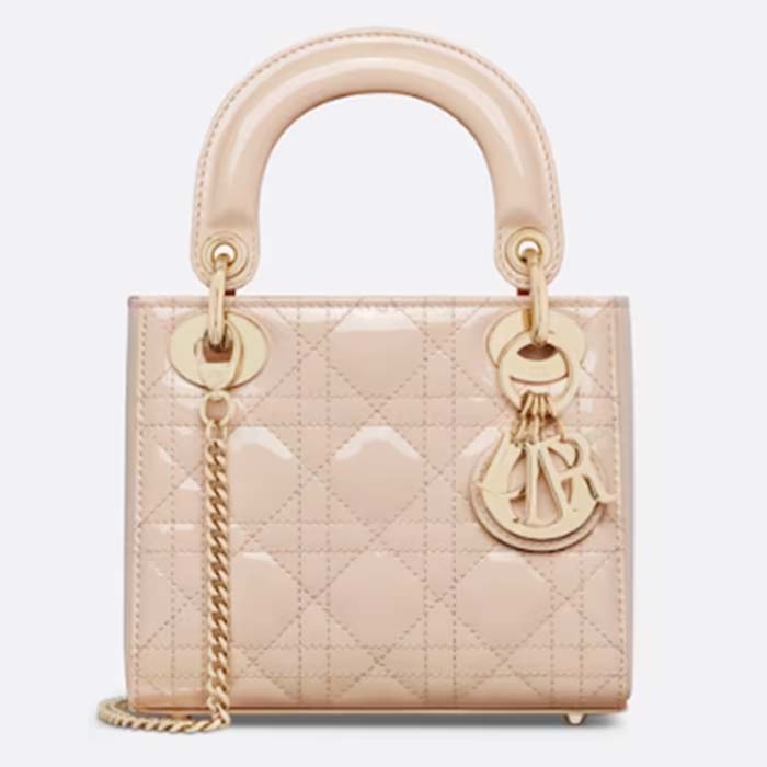 Dior Women CD Mini Lady Dior Bag Aesthetic Beige Patent Cannage Lambskin