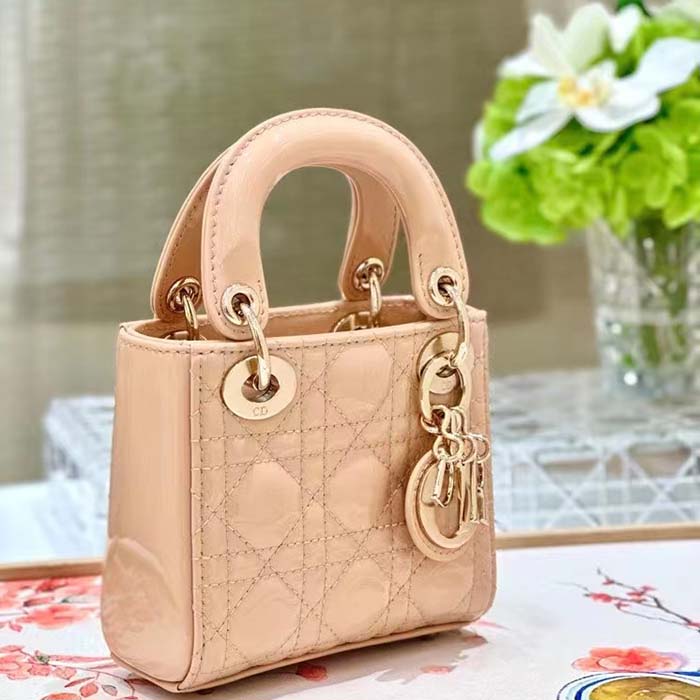 Dior Women CD Mini Lady Dior Bag Aesthetic Beige Patent Cannage Lambskin