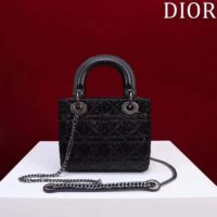 Dior Women CD Mini Lady Dior Bag Black Cannage Cotton Embroidered Micropearls (5)