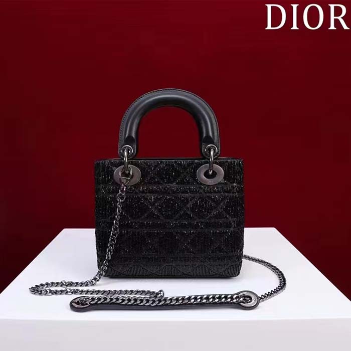 Dior Women CD Mini Lady Dior Bag Black Cannage Cotton Embroidered Micropearls (1)