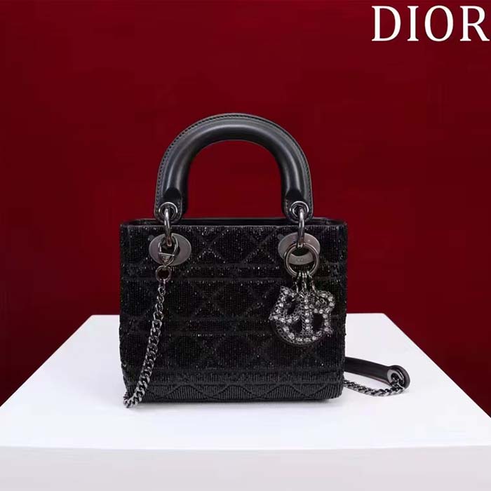 Dior Women CD Mini Lady Dior Bag Black Cannage Cotton Embroidered Micropearls (2)