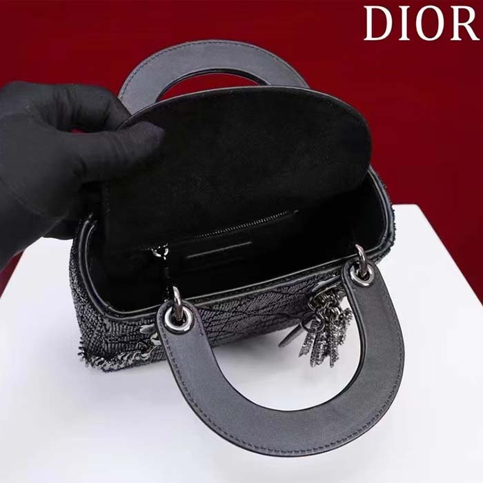 Dior Women CD Mini Lady Dior Bag Black Cannage Cotton Embroidered Micropearls (6)