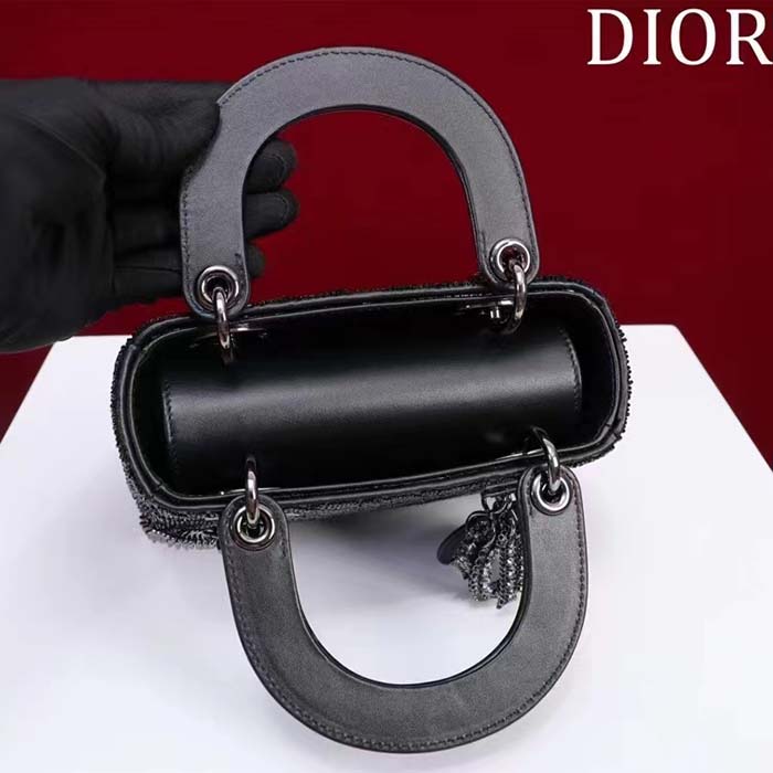 Dior Women CD Mini Lady Dior Bag Black Cannage Cotton Embroidered Micropearls (7)