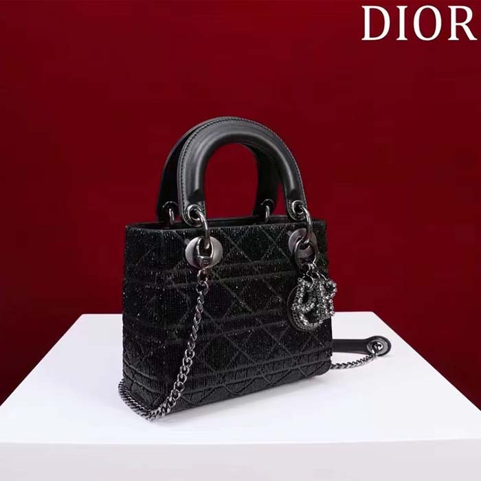 Dior Women CD Mini Lady Dior Bag Black Cannage Cotton Embroidered Micropearls (9)