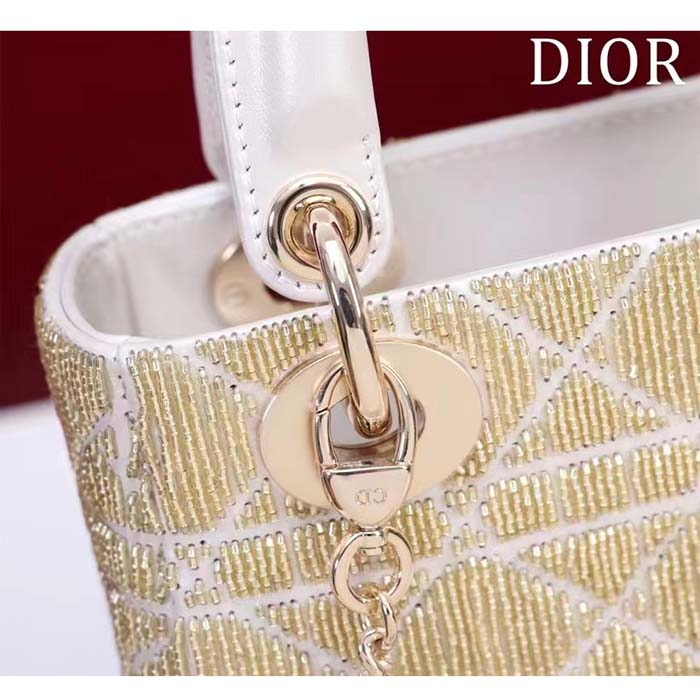 Dior Women CD Mini Lady Dior Bag Caramel Beige Cannage Cotton Embroidered Micropearls (1)