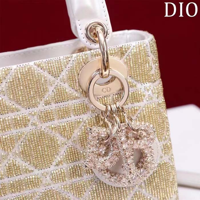 Dior Women CD Mini Lady Dior Bag Caramel Beige Cannage Cotton Embroidered Micropearls (10)
