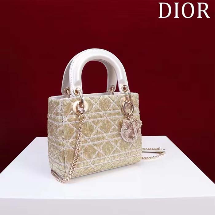 Dior Women CD Mini Lady Dior Bag Caramel Beige Cannage Cotton Embroidered Micropearls (11)