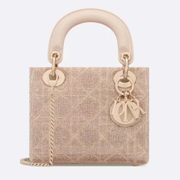 Dior Women CD Mini Lady Dior Bag Caramel Beige Cannage Cotton Embroidered Micropearls