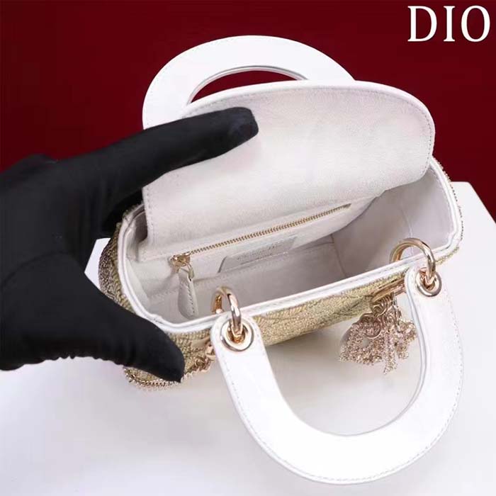 Dior Women CD Mini Lady Dior Bag Caramel Beige Cannage Cotton Embroidered Micropearls (4)