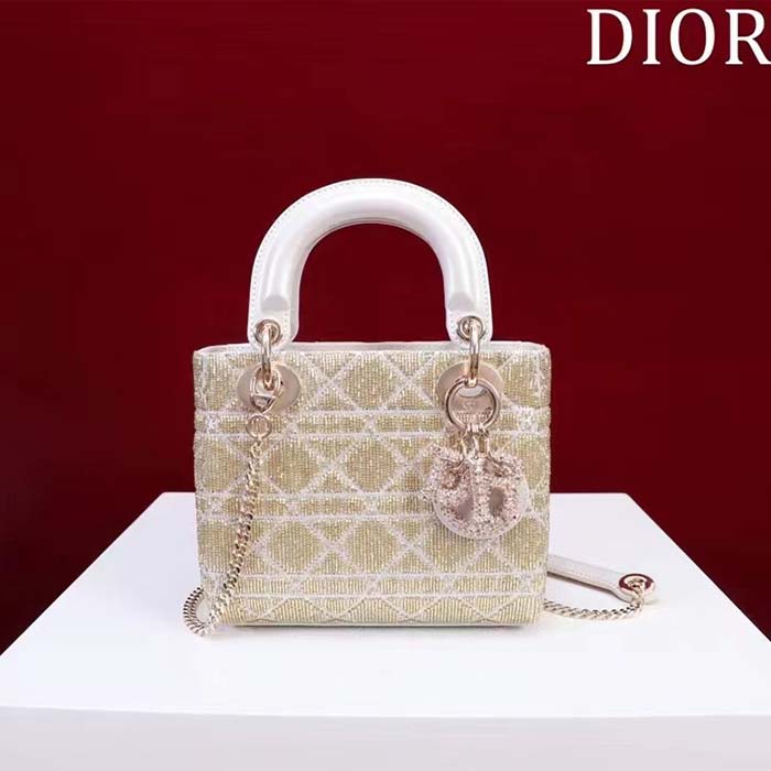 Dior Women CD Mini Lady Dior Bag Caramel Beige Cannage Cotton Embroidered Micropearls (6)