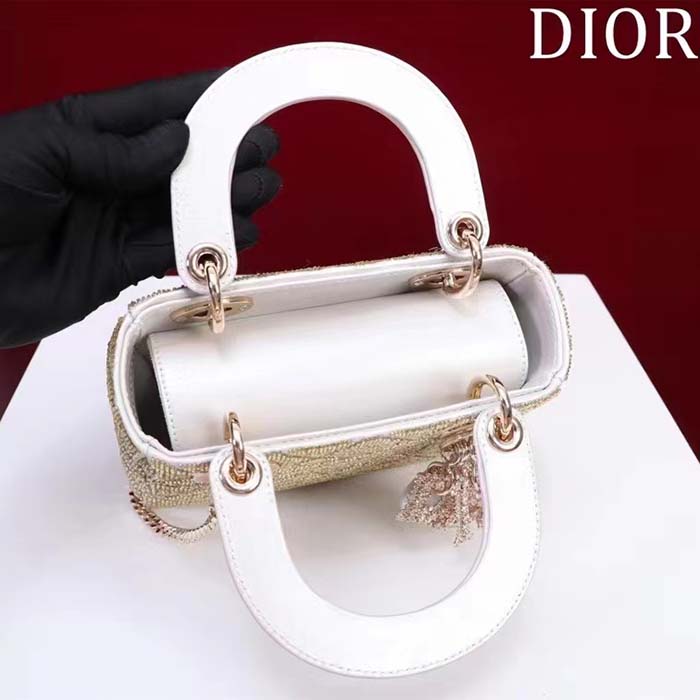 Dior Women CD Mini Lady Dior Bag Caramel Beige Cannage Cotton Embroidered Micropearls (7)